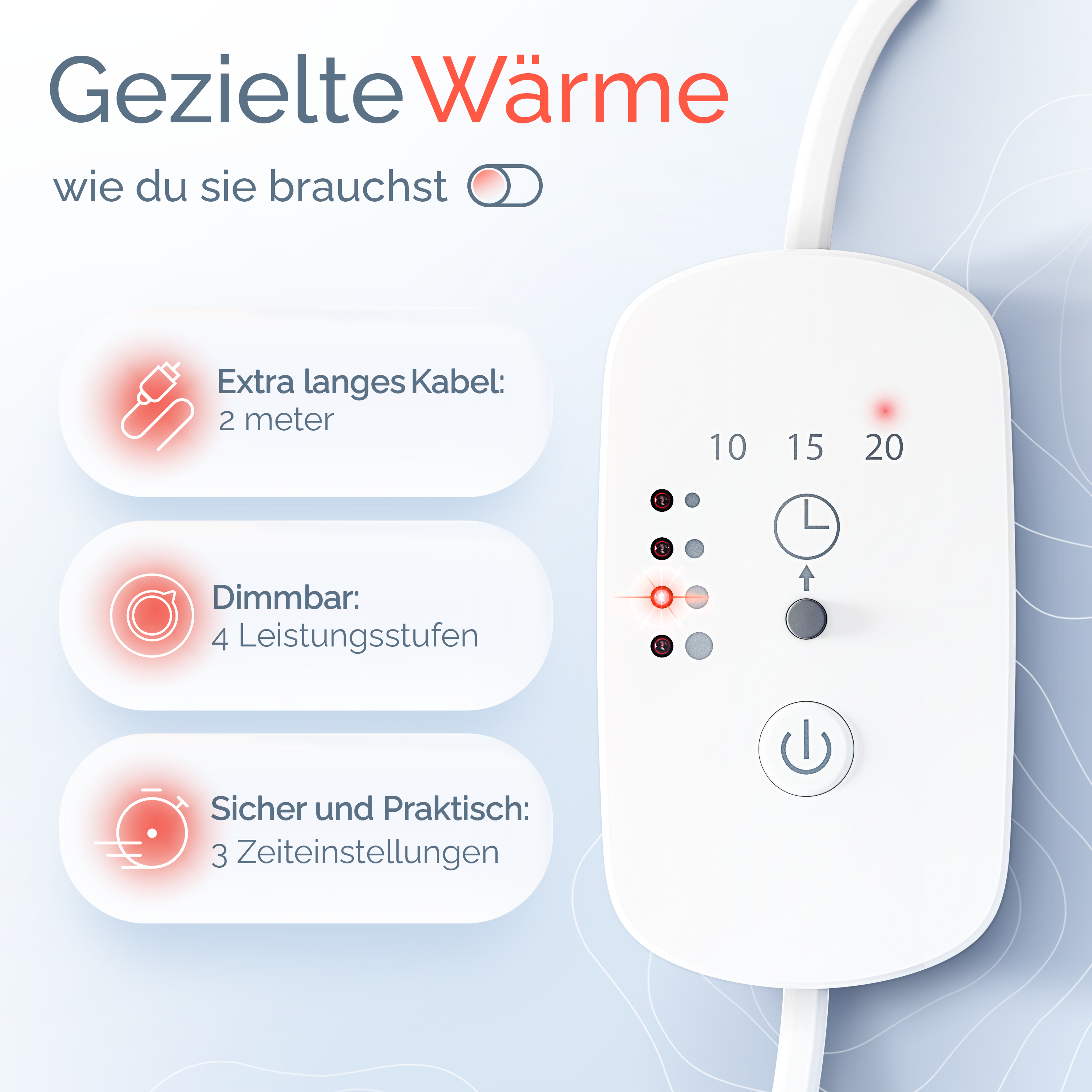 Vitaltherm RW150 – Steuerung: Timer 10/15/20 Min., 4 Leistungsstufen, 2m Kabel